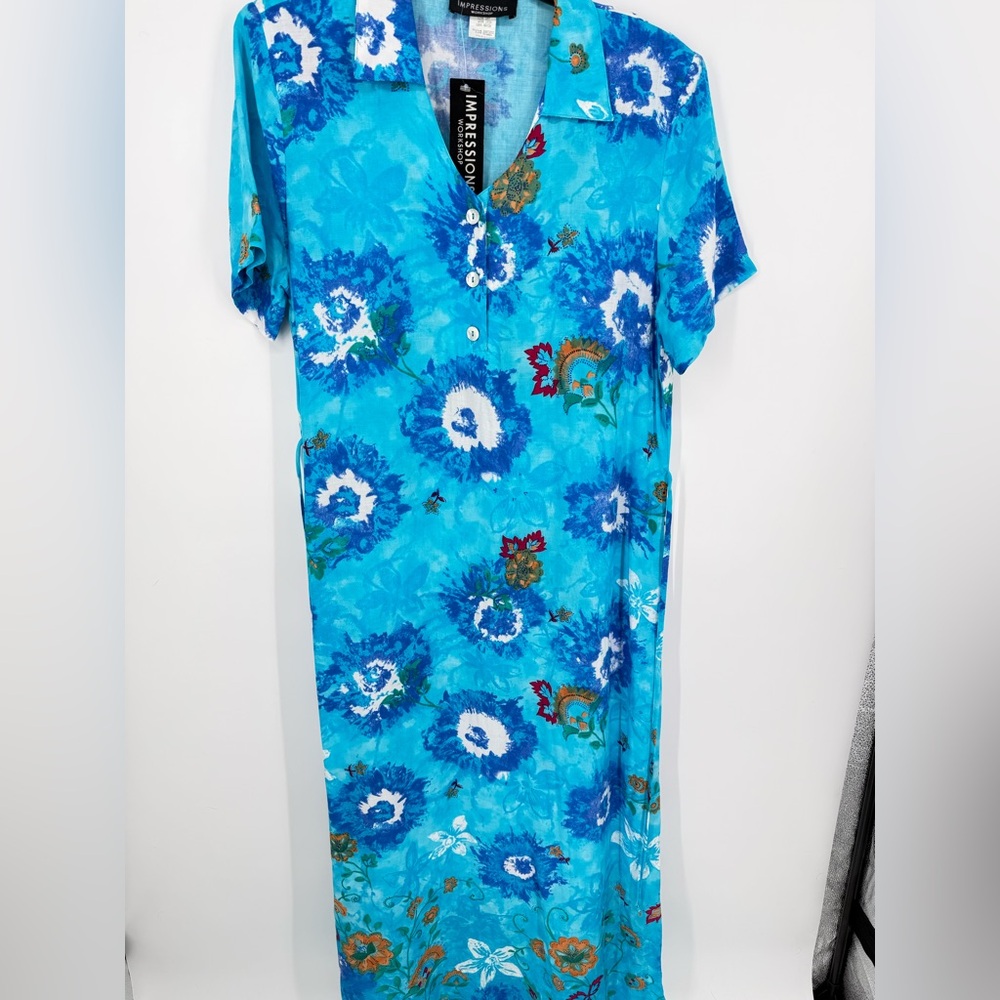 NEW Impressions‎ Floral Maxi Muumuu Short Sleeve Dress Side Slit Tie Belt Medium